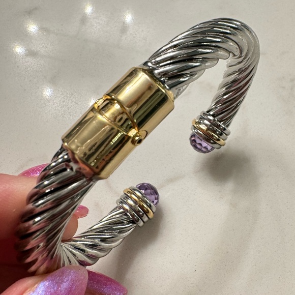 Two Tone Cable Bracelet Hinged Open Cuff with Large Purple Crystals - Picture 7 of 14